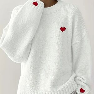 Adorable Feminine White Sweater with Red Heart Accents. Soft Crew Neck.